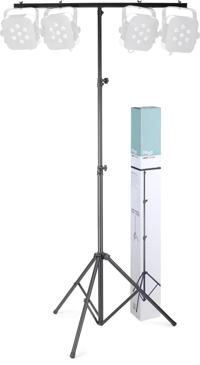 Стойка для световых приборов STAGG [LIS-0822 BK] Т-образная, 3-х секционная с винтовыми зажимами и блокировкой, прочная стальная конструкция с треногой, высота 110-250 см, длина перекладины 90,5 см, максимальная нагрузка 30 кг, вес 4,5 кг, цвет черный