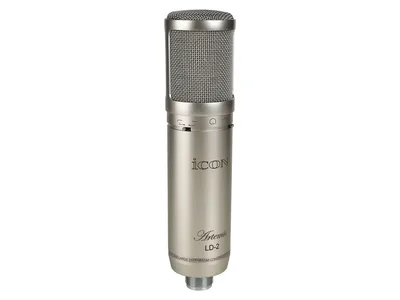 Микрофон конденсаторный Icon [Artemis LD-2] студийный, диаграмма направленности Cardioid, частотный диапазон 20-18000 Гц, чувствительность 23,3 мВ/Па, сопротивление 200 Ом, SPL 126 дБ, S/N 83,7 дБ, питание + 48 В, эластичный подвес, кейс, цвет металлик