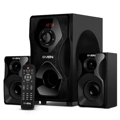 SVEN MS-2055, чёрный, акустическая система 2.1, мощность (RMS):30Вт + 2x12.5 Вт, FM-тюнер, USB/SD, дисплей, пульт ДУ, Bl