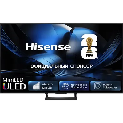 Телевизор ЖК 55'' Hisense/ 55", Ultra HD, Mini LED, VA, Local Dimming Zones 192, 4K 48-144Hz, 2K 48-240Hz, Smart TV (HomeOS U9), Wi-Fi, DVB-T2/T/C/S2/S, HDR 10+, Dolby Vision, Dolby Atmos, Bluetooth, 2.1ch 2*10W(Main)+20W(Subwoofer), 500 nits, 5000:1, CI+(1.4), 4хHDMI, 2хUSB, FreeSync Premium PRO, 144Hz Game Mode Pro, Charcoal grey, 2026