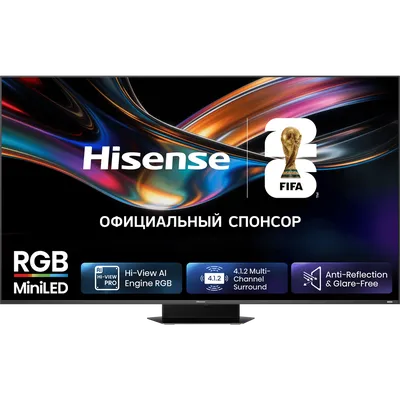 Телевизор RGB Mini-LED 85'' Hisense/ 85", Ultra HD, VA, Local Dimming Zones 1320, 4K 48-180Hz, 2K 48-330Hz, Smart TV (HomeOS U9.5), Wi-Fi, DVB-T2/T/C/S2/S, HDR 10+, Dolby Vision, Dolby Atmos, Bluetooth, 4.1.2 CH, 2*15W(Main)+2*10W(Surround)+20W(Subwoofer)+2*10W(Sky), 800 nits, 8000:1, DP(Type-C), CI+(1.4), 4хHDMI, 2хUSB, FreeSync Premium PRO, 180Hz Game Mode Pro, Charcoal grey, 2026