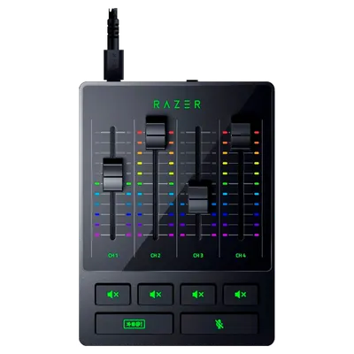 RZ19-03860100-R3M1 - Микшерный пульт, Razer Audio Mixer, RZ19-03860100-R3M1, 10Гц - 20кГц, Преобразование А/Ц и Ц/А: 24бита при 48кГц, Динамический диапазон: > 110дБ, Соотношение «сигнал-шум»: > 100дБ, КНИ+шум: < –-90дБ, Взаимные помехи каналов: < –-90дБ, Аналоговый аудиомикшер, Чёрный