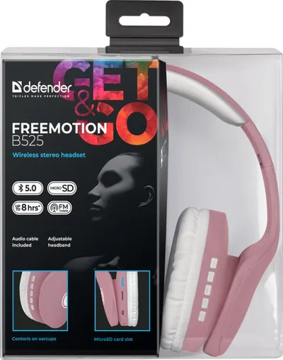 Беспроводные/проводные наушники Defender FreeMotion B525 розовый/белый, накладные, Bluetooth + проводной, до 8 ч