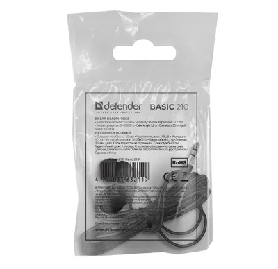 Проводные наушники Defender Basic 210 черный, внутриканальные, Jack 3.5 мм