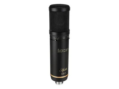 Микрофон конденсаторный Icon [Apollo LD-1] студийный, диаграмма направленности Cardioid, частотный диапазон 20-18000 Гц, чувствительность 23,3 мВ/Па, сопротивление 200 Ом, SPL 126 дБ, S/N 83,7 дБ, питание + 48 В, эластичный подвес, кейс, цвет черный